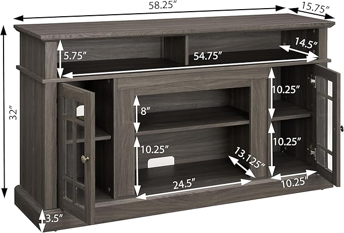 HMFULE 58" TV Stand with Storage for 55 60 65 inch Television, Entertainment Center 2 Glass Doors & Adjustable Shelves, Engineered Wood Modern Farmhouse Living Room Bedroom Furniture (Dark Walnut)