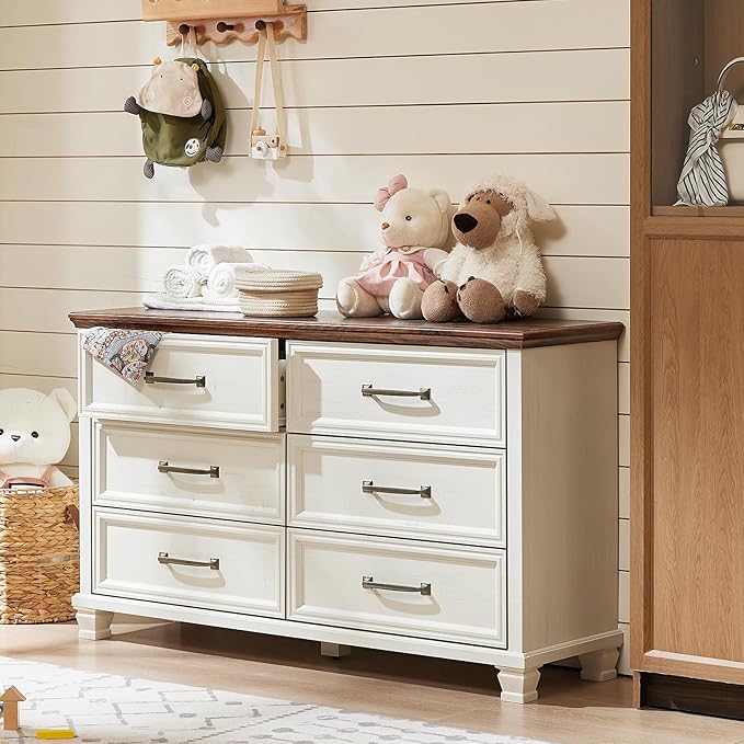 Farmhouse 6 Drawer Dresser for Bedroom, 54 inch Wide Large Vintage Chest of Drawers with Square Solid Wood Legs, Rustic TV Stand for Living Room, Wooden Storage Dressers for Hallway, White