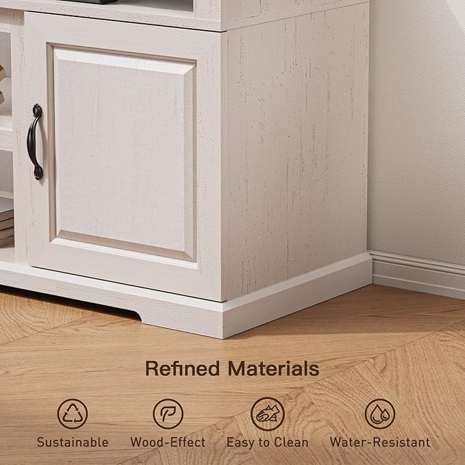 Amada Farmhouse TV Stand for TVs Up to 80 inches, Modern Entertainment Center TV Stand with Drawers Storage Cabinets, Adjustable Shelves, Rustic Media TV Console Table for Living Room, Bedroom, White