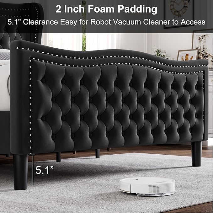 Queen Bed Frame with Tall Headboard & Footboard, Velvet Upholstered Platform Bed Frame with Deep Button Tufted Wingback, No Box Spring Needed, Noise Free, Black