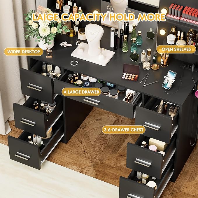 VICTONE Vanity Desk with LED Lighted Mirror&Power Outlet, 3 Model Lights Makeup Vanity Table with 7 Drawers and 6 Storage Shelves for Bedroom and Dressing Room (Black)