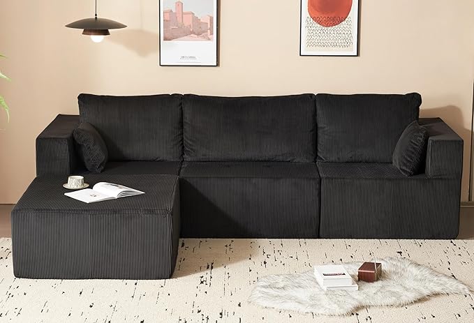 105" Modular Cloud Couch with Chaise Lounge, L-Shape Non-Assembly Required Sectional Sofa, 27" Deep Seat Modern Corduroy Sofa, Comfy High-Density Foam Couch for Living Room, Apartment