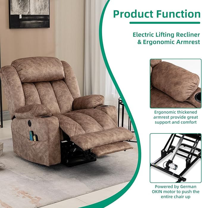 VIVIJASON Tall Man Large Power Lift Recliner Chair with Massage and Heat for Elderly, Overstuffed Wide Electric Lift Recliner w/Extended Footrest, 2 Cup Holder, Side Pockets & USB Ports, Fabric Brown