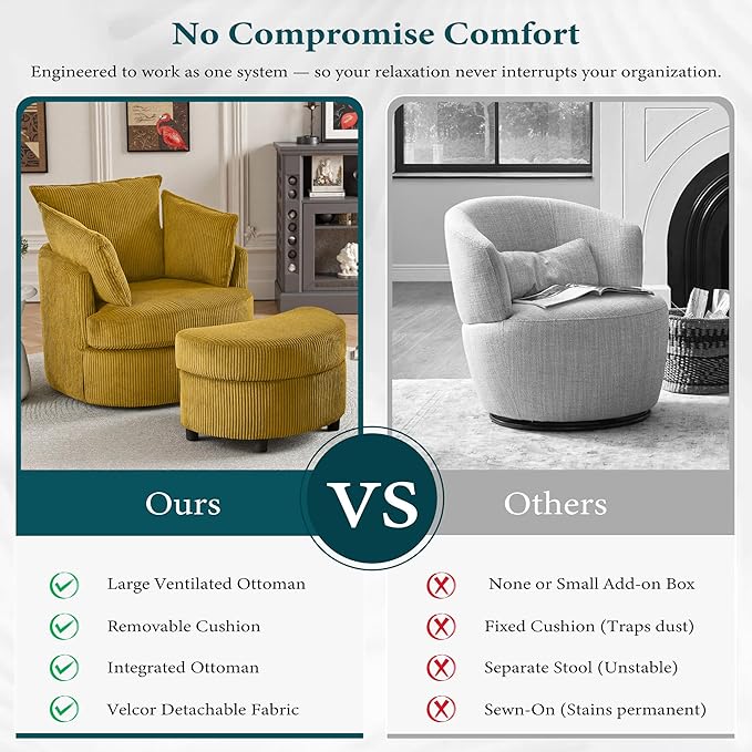 Swivel Accent Chair with Ottoman Comfy Reading Chairs for Bedroom Modern Corduroy Arm Chair 360°Swivel Barrel Chairs for Living Room,Apartment (Yellow, 2)