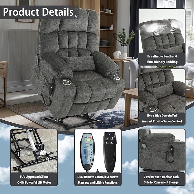 Power Lift Recliner Chair with Massage and Heating for Elderly, Oversized Lay Flat Recliner, Big and Tall 400lbs, Dual Motors, Cup Holders, Heavy Duty, Adults (Grey)