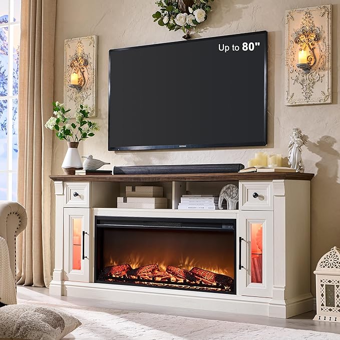 OKD Fireplace TV Stand for 80 Inch TV - Farmhouse Entertainment Center with 42" Electric Fireplace & LED Lights, Wood Media Console with Storage Drawers & Cabinets for Living Room, Antique White