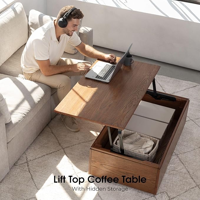Transformer Table Lift Top Coffee Table with Storage, Modern Coffee Table for Living Room, Home Office & Dining, Space-Saving Small Coffee Desk with Panel Hidden Storage for Transformer Dining Table