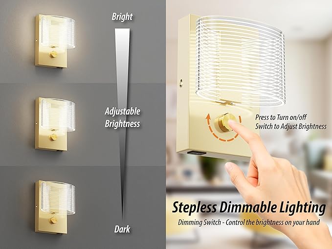 URSOLA Wall Sconce LED Wall Lamp with Dimmer Switch and USB Charging Port Oval Linear Sleek Lampshade 110 Volt Hardwired Wall Light 4000K Sconces Wall Lighting (Gold)