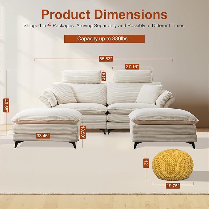 85.83" Sectional Couch, Cloud Couch with Two Movable Ottomans, Modular Sofa, Sectional Couches for Living Room and Office, Beige