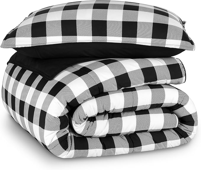 Bare Home Comforter Set - Twin/Twin Extra Long Size - Ultra-Soft - Goose Down Alternative - Premium 1800 Series - Reversible - All Season Warmth (Twin/Twin XL, Chester Buffalo Plaid - White/Black)