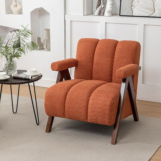 Mid Century Modern Accent Chair with Solid Wood Frame, Boucle Upholstered Living Room Chairs with Thick Cushion, Comfy Tufted Arm Chair for Bedroom, Orange