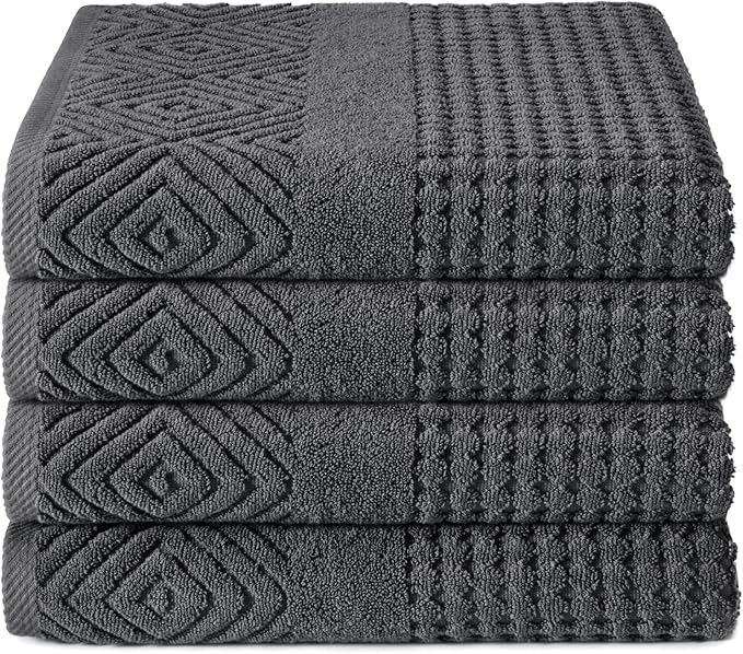 Texere 100% Organic Cotton Diamond Jacquard 700 GSM Luxury Bath Towel Sets - Ultra Soft and Absorbent Hotel and Spa Quality (Diamond, Charcoal, 4 Bath Towels)