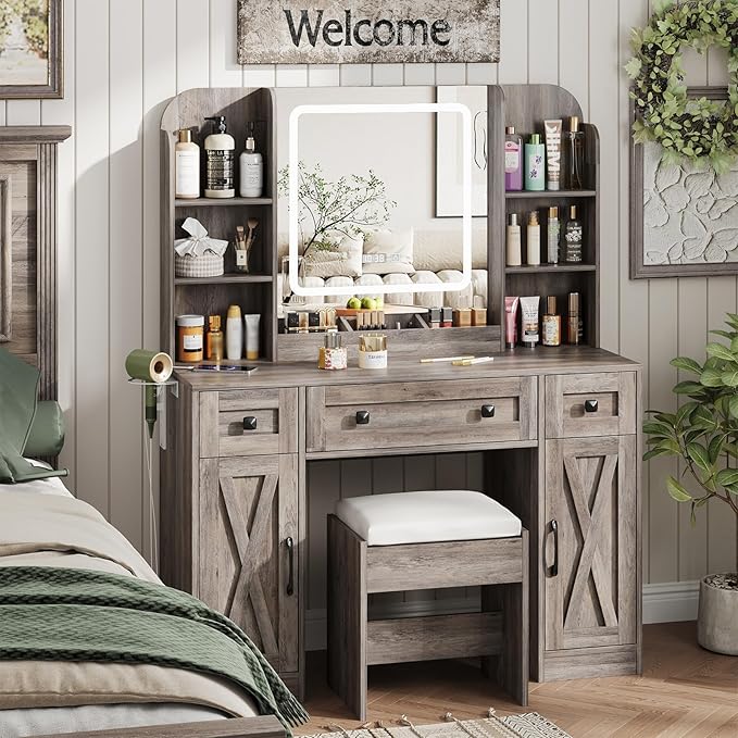 Vabches Makeup Vanity Desk, Vanity Mirror with Lights Desk and Chair,Makeup Table with 3 Large Drawers and 2 Cabinets, Time and Temperature Display, 3 LED Lighting Modes Adjustable, Grey