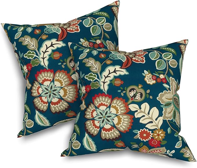 Pack of 2 Patio Throw Pillow Covers ONLY, Water Repellent Cushion Cases 20x20 Inch, Square Pillowcases for Outdoor Couch Decoration, Peacock Blue