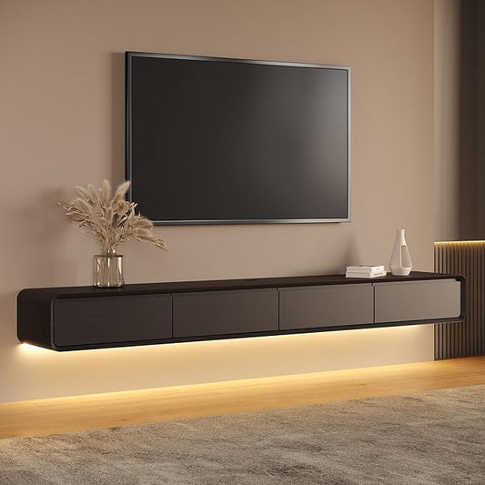 Minimalist Floating TV Stand with LED Lights, Modern Wall-Mounted Media Console with 4 Flip-Down Cabinet Doors for 85 Inch TV, Fully-Assembled, Black Oak, 94"