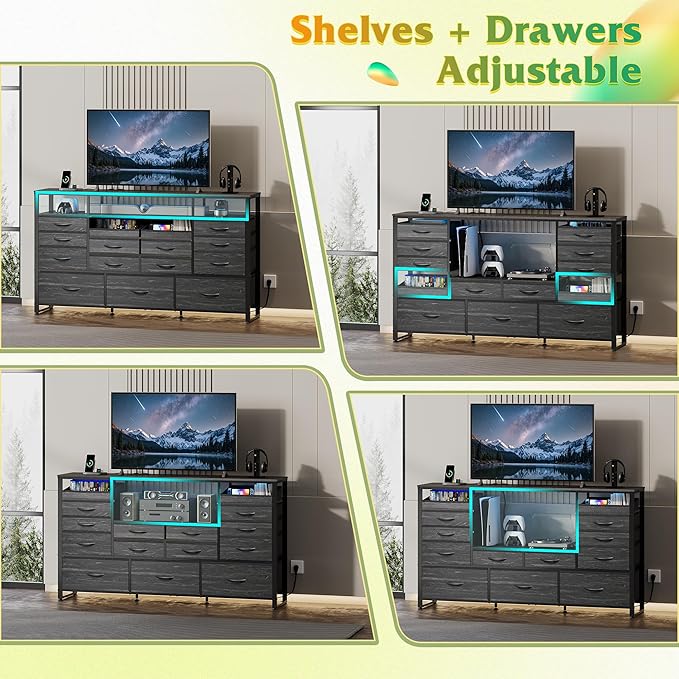 WLIVE Black TV Stand for 55, 60, 65 inch TV, Entertainment Center with LED Lights & Charging Station, TV Media Console Table with 15 Fabric Drawers and Open Shelves for Living Room, Hallway, Wood Top