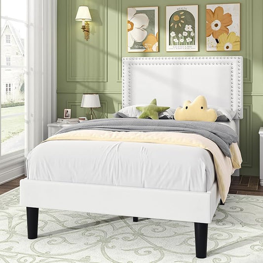 VECELO Twin Size Platform Bed Frame with Adjustable Upholstered Headboard, Strong Wood Slat Support, No Box Spring Needed, Easy Assembly
