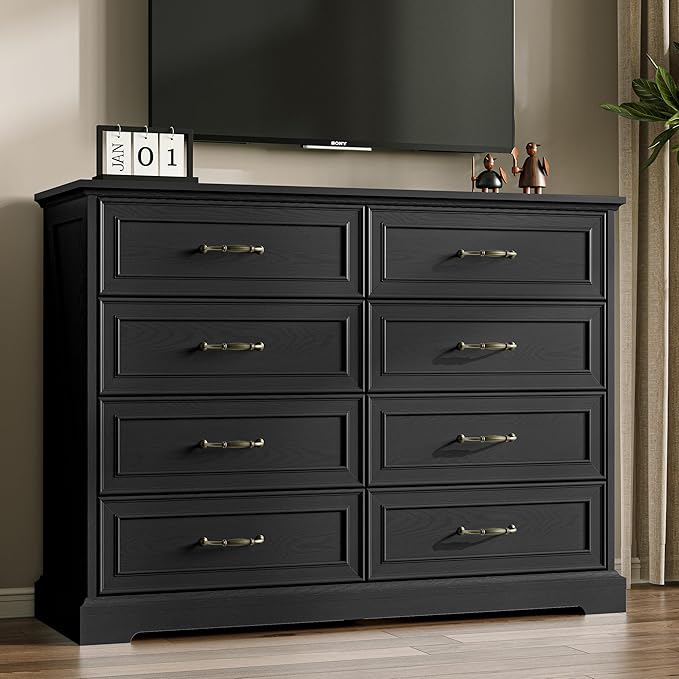 Farmhouse 8 Drawers Dresser for Bedroom, 48" Wide Modern Chest of Drawers with Deep Drawers & Bar Handles, Rustic Wood Dresser TV Stand, Wooden Closet Storage Organizer for Living Room, Hallway, Black