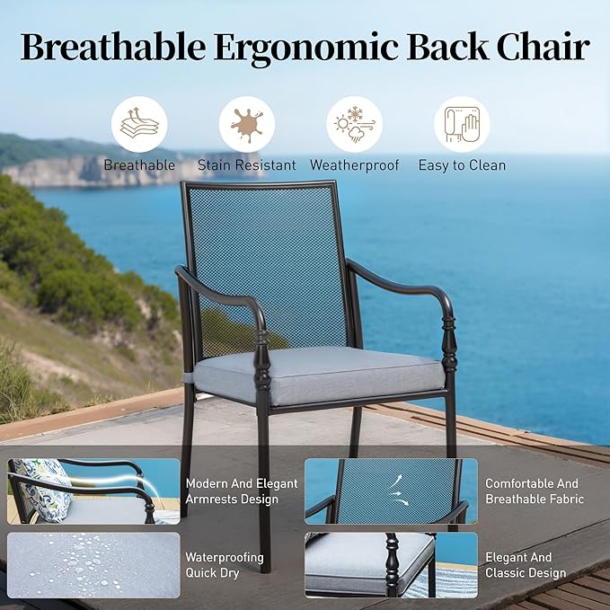 Patio Table and Chairs Set of 8, All-Weather Breathable Metal Mesh Patio Chair with Gourd-Shaped Armrests, 83x39 Rectangle Table with Umbrella Hole, 9 Pcs Metal Frame Patio Dining Set