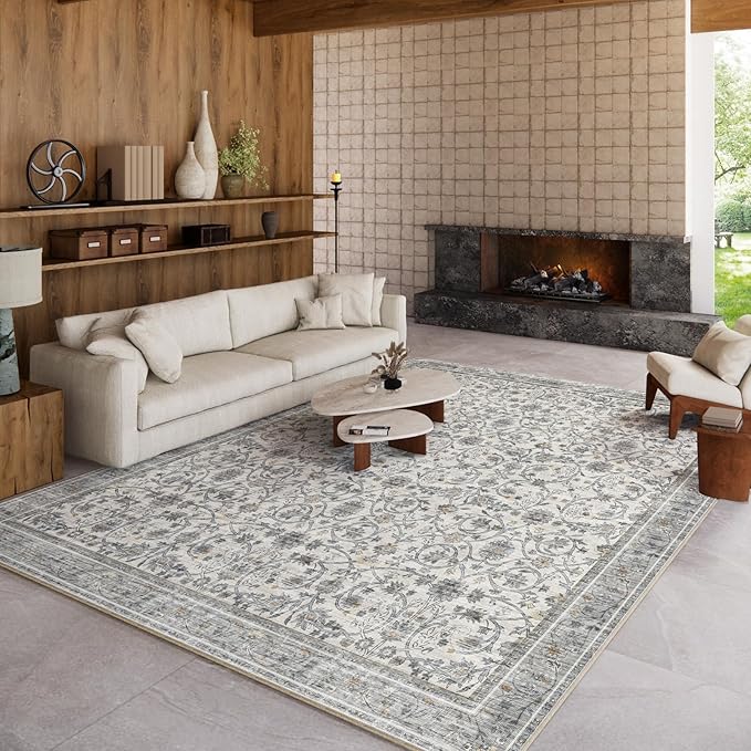 8x10 Washable Area Rugs Ultral Soft Non-Slip Stain Resistant Vintage Boho Large Carpet for High-Traffic Living Room & Dining Room