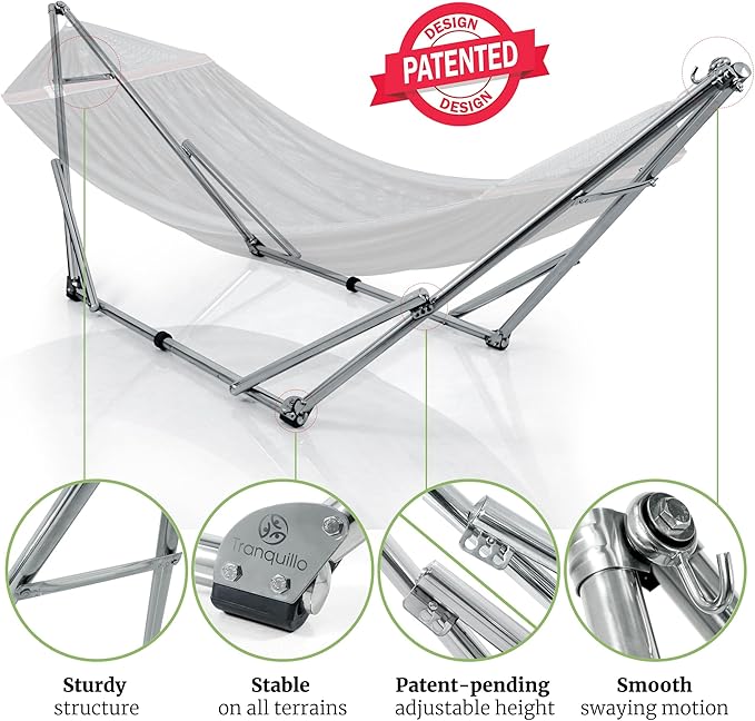Tranquillo Double Hammock with Stand 650lb Capacity Double Hammock with Spreader Bar, Solid Grade 201 Stainless Steel 30s Set Up, Sturdy Flexible Hammock Stand Portable, Outdoor Indoor, Black