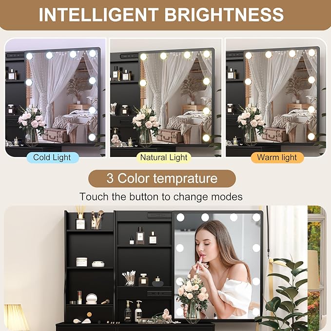 Vanity Desk with Mirror and Lights, Makeup Vanity Desks with Drawers and Shelves, Vanity Table with Adjustable Lighting and 3 Lighting Modes, Black Dressing Table with Stool for Bedroom Dressing Room