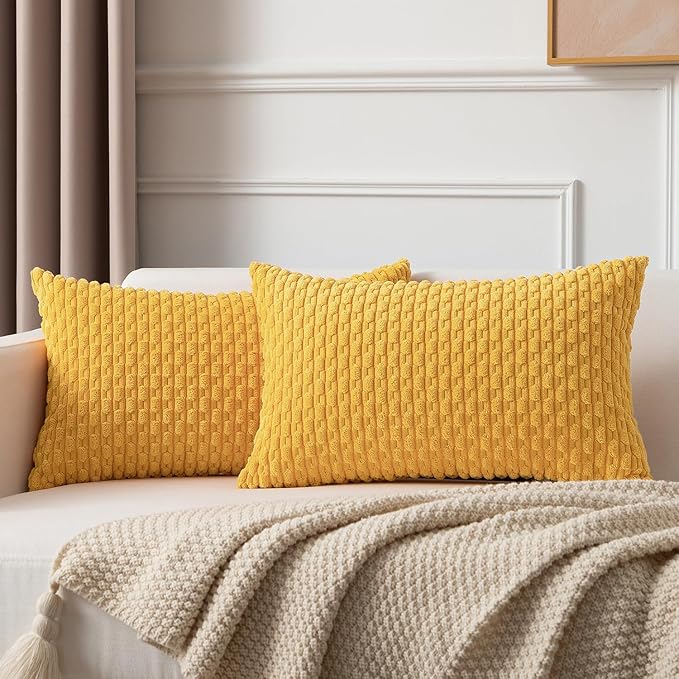 Kevin Textile Pack of 2 Velvet Pillow Covers Striped Throw Cushion Case Set Accent Corduroy Lumbar Pillowcases with Hidden Zipper for Home Decor Indoor Outdoor (12x20 Inch Yellow)