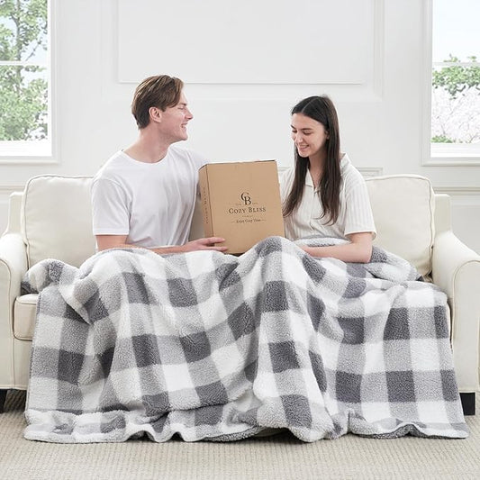 Cozy Bliss Ultra Soft Reversible Double Sherpa Sided Blanket, Buffalo Plaid Throw Blanket Fluffy Thick Warm Plush Fuzzy Blanket for Couch, Bed and Gifts (Grey, 60" x 80")