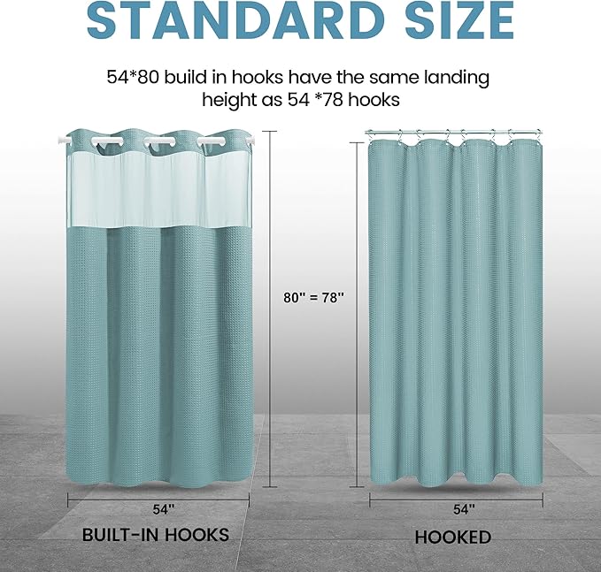 Teal Stall No Hook Shower Curtain with Snap in Liner,230GSM Waffle Weave Shower Curtains for Bathroom,54W x 80H