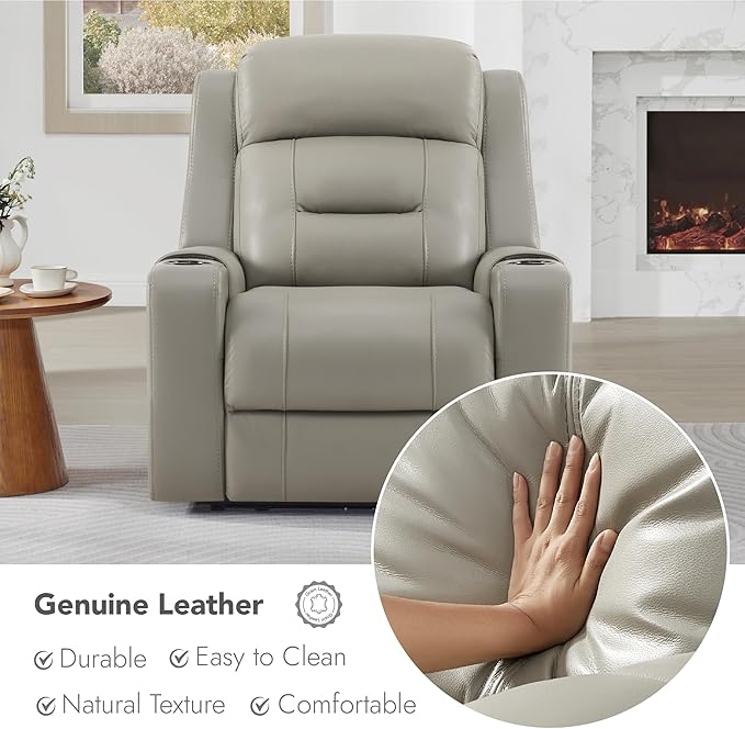 Watson & Whitely Genuine Leather Power Recliner Chairs for Adults, Lay Flat Recliner with Power Headrest, USB Ports and Cup Holders, Electric Reclining Sofa for Living Room, Bedroom, Grey
