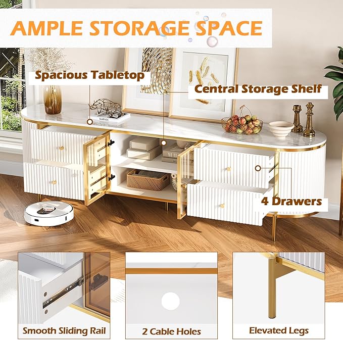 Luxury 70" Fluted TV Stand for TVs Up to 75", Modern Entertainment Center with Faux Marble Top, Media Console with Curved Profile Design, Television Stands for Living Room, White