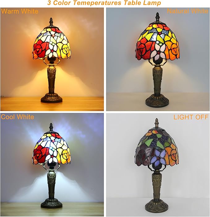 Rose Tiffany Small Table Lamp 3 Way Color Temperatures Stained Glass Bedside Nightstand Table Lamps for Living Room,Bedroom, Home Office Reading Desk Lamp+LED Bulb,6X6X12.5 Inch