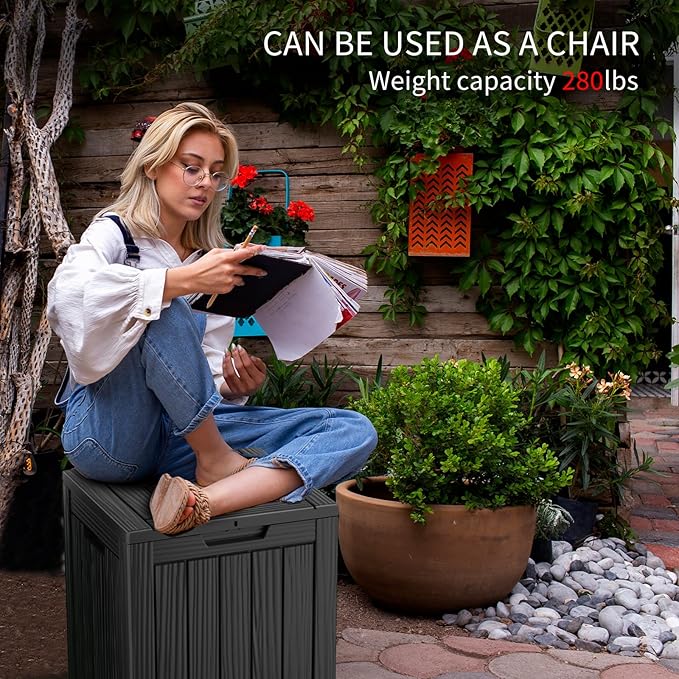 28 Gallon Waterproof Resin Deck Box, Lockable Outdoor Storage Box for Patio Furniture, Garden Tools, UV Resistant, and Multi-Functional (Black)