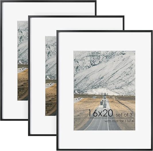 16x20 Metal Picture Frame For Wall With Mat For 11x14, 16''x20'' Aluminum Photo Frames With Tempered Glass, Minimalist Modern Poster Frame Horizontally Vertically Set of 3, Black
