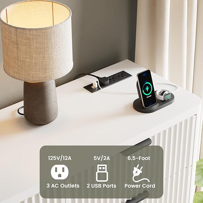 HAIOOU Fluted 6 Drawer Dresser with Power Outlet, 47.2” Wide Modern Chest of Drawers, Curved Profile Design Wooden Dresser for Bedroom, Clothing Storage Organizer TV Stand for Closet - White