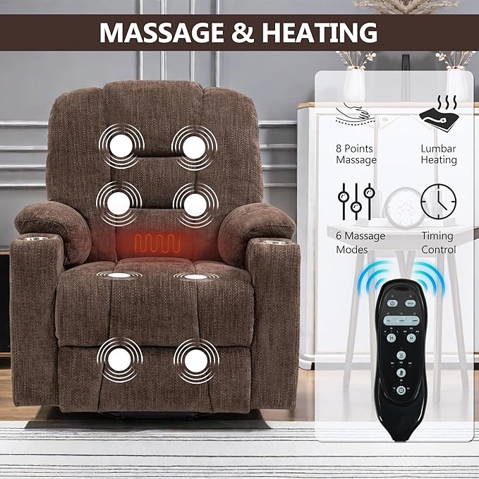 Power Lift Chair with Massage & Heat, Electric Recliner Chairs for Adults, Remote Control, Living Room Sofa, Standing Assistance, USB Ports, Stainless Steel Cup Holders, Chenill, Brown