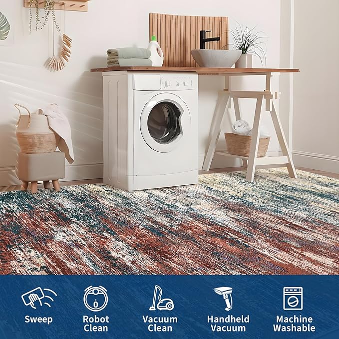 Modern Abstract Living Room Rug 10x13, Machine Washable Large Carpet, Non Slip Low Pile Throw Rug, Ultra Soft Indoor Floor Carpet for Bedroom Dining Room Table Home Decor, Red/Multi