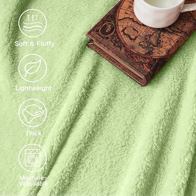 Sherpa Throw Blanket for Bed, Super Soft Cozy Fuzzy Plush Blankets for Winter, Reversible Thick Warm Blanket for Bed, Couch, Living Room, Sage, Queen Size 90"x 90"