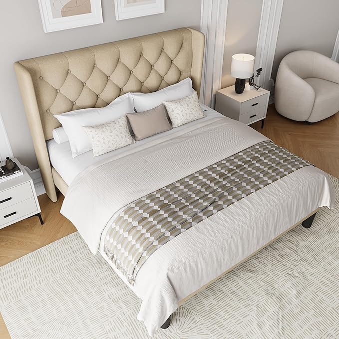 Queen Size Upholstered Bed Frame with Wingback Headboard, Fabric Linen Platform Bed, 8" Under Bed Storage, Wooden and Metal Slats Support, Noise Free, No Box Spring Needed, Beige