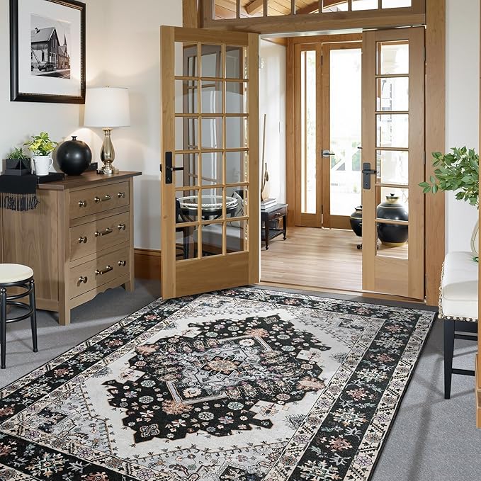 Vintage Area Rug 5x8 Rugs, Machine Washable Rug Non-Slip Low Pile Large Rug for Living Room, Bedroom, Farmhouse, Dining Room, Black