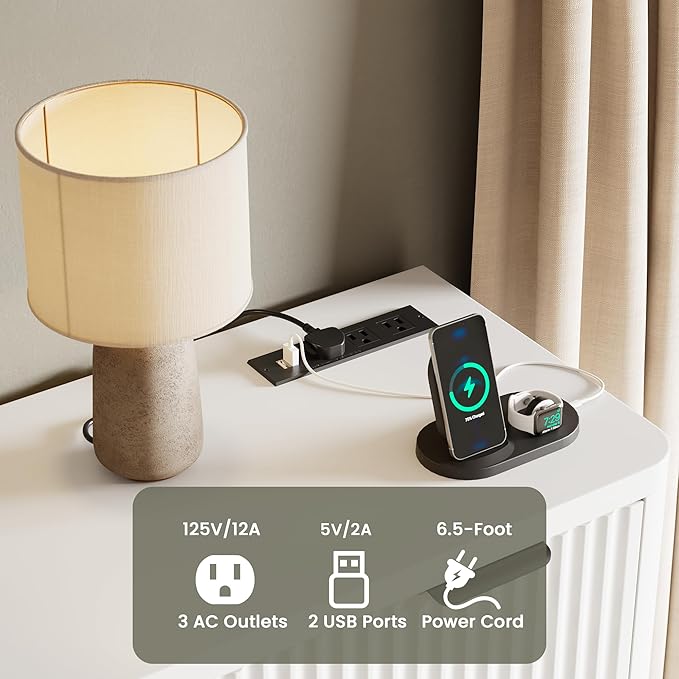 HAIOOU Fluted 5 Drawer Dresser with Power Outlet, Curved Profile Design, 47.4" Tall Chest of Drawers Vertical Wooden Clothing Organizer with Ample Storage for Bedroom, Closet, Hallway - Modern White