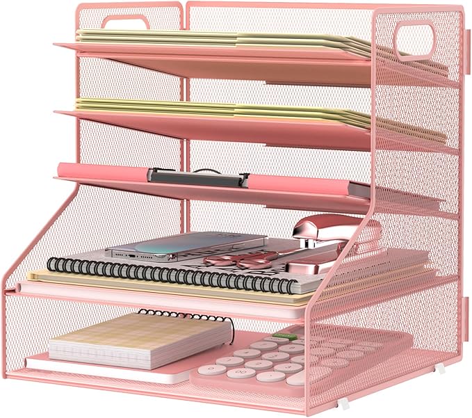SUPEASY 5-Tier Desk File Organizer, Metal Letter Paper Tray, Desk Organizers and Accessories for Home Office Supplies, Pink