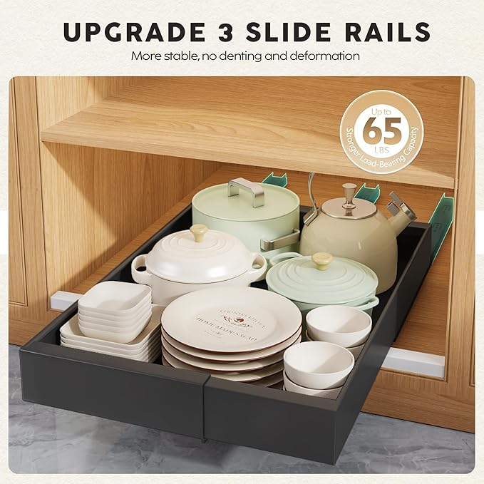 4 Pack Pull Out Cabinet Organizers 21" Deep With Raising Pad for Framed Cabinets, Expandable Width (9"-14") Slide Out Drawers Upgrade 3 Slide Rails, Roll Out Shelves Adhesive, Black