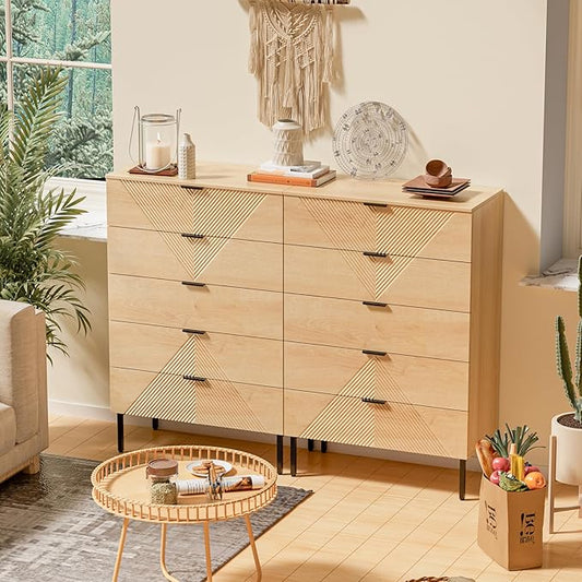 5 Drawer Dresser for Bedroom Set of 2, Fluted Tall Dresser for Closet, Wooden Chest of Drawers for Living Room, Hallway (2, Natural Oak)