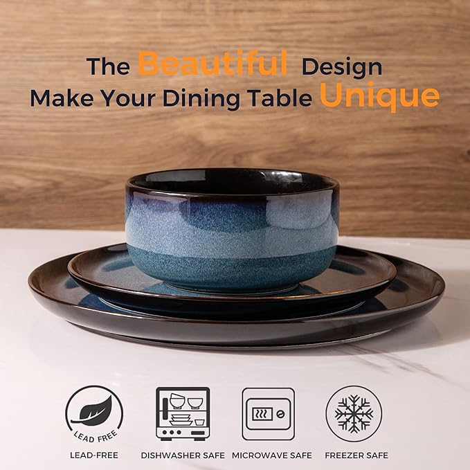 LeRatio Ceramic Dinnerware Sets for 4,Porcelain Plates and Bowls Sets,Handmade Reactive Glaze Dishes Set,Chip Resistant and Scratch Resistant | Oven&Dishwasher & Microwave Safe,Service for 4-Blue