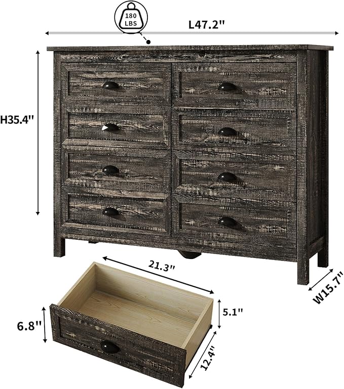 Dresser for Bedroom, Modern Black Dresser with 8 Drawers, Wide Chest of Drawers with Metal Handles,Wood Double Storage Cabinet for Living Room, Bedroom, Hallway