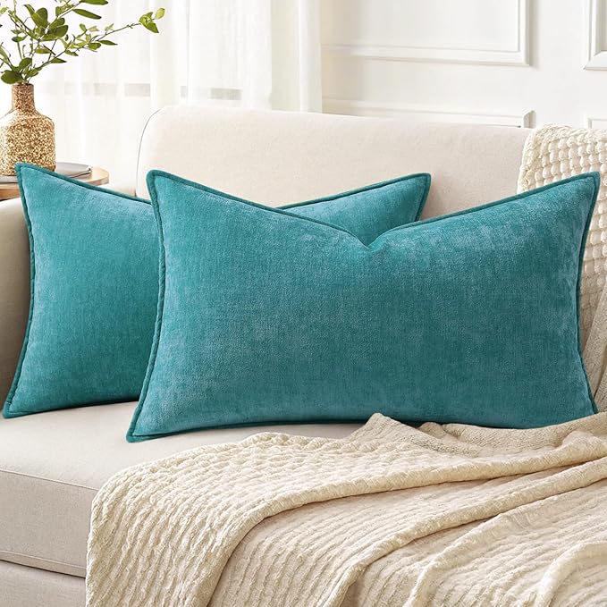 decorUhome Couch Throw Pillow Covers 12x20 Set of 2, Decorative Soft Euro Neutral Chenille Lumbar Pillow Covers with Elegant Design for Sofa Bed Living Room Home Decor, Teal