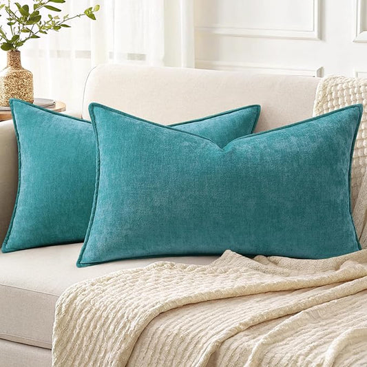 decorUhome Couch Throw Pillow Covers 12x20 Set of 2, Decorative Soft Euro Neutral Chenille Lumbar Pillow Covers with Elegant Design for Sofa Bed Living Room Home Decor, Teal