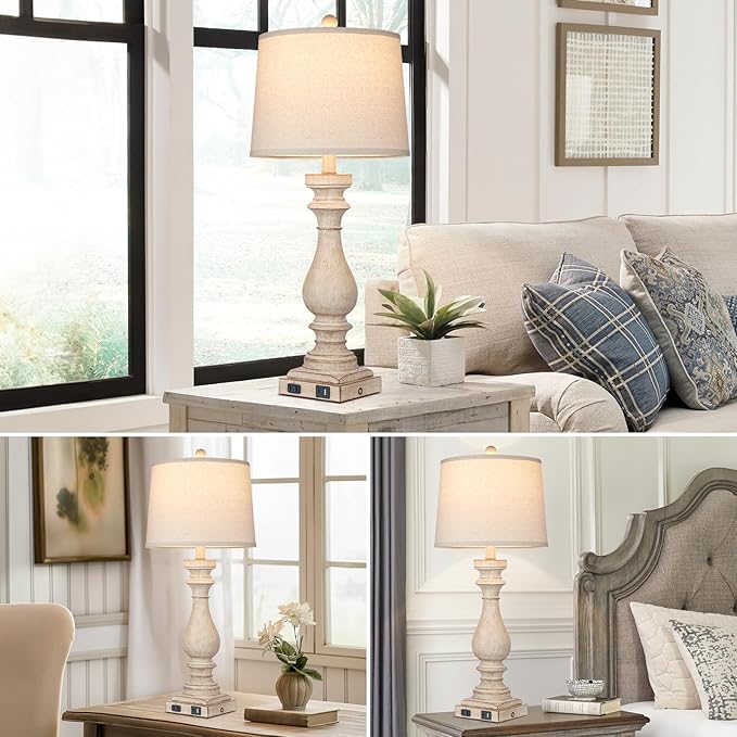 27.5" Tall Farmhouse Lamp,Vintage Bedside Nightstand Lamps with USB Charging Ports A/C,3-Way Dimmable Touch Control Retro Lamp for Bedroom Living Room,Single Beige