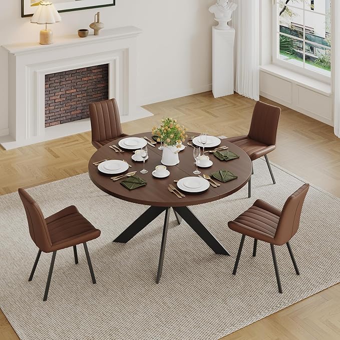 45.3" Round Walnut Dining Table for 4 – Mid-Century Modern Pedestal Table for Kitchen, Dining Room, Small Apartment or Breakfast Nook